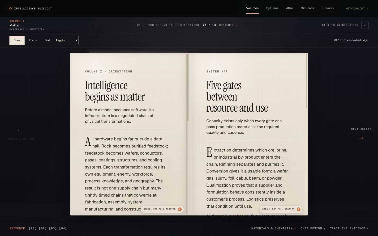 The Matter volume in Book mode, with paired editorial pages, reading controls, chapter navigation, and an evidence bar.