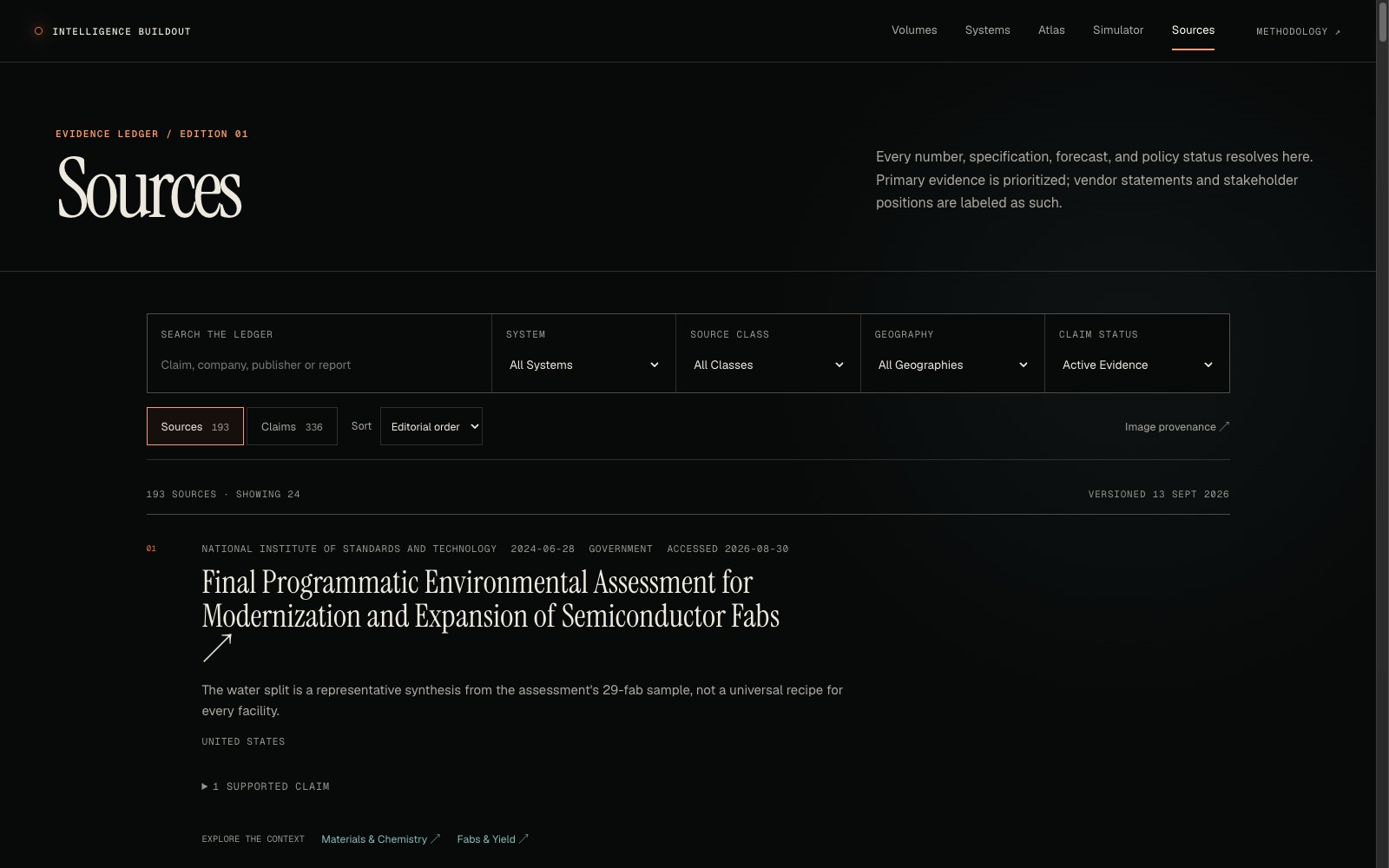 The Sources ledger makes the edition's evidence searchable and connects source records to the claims they support.